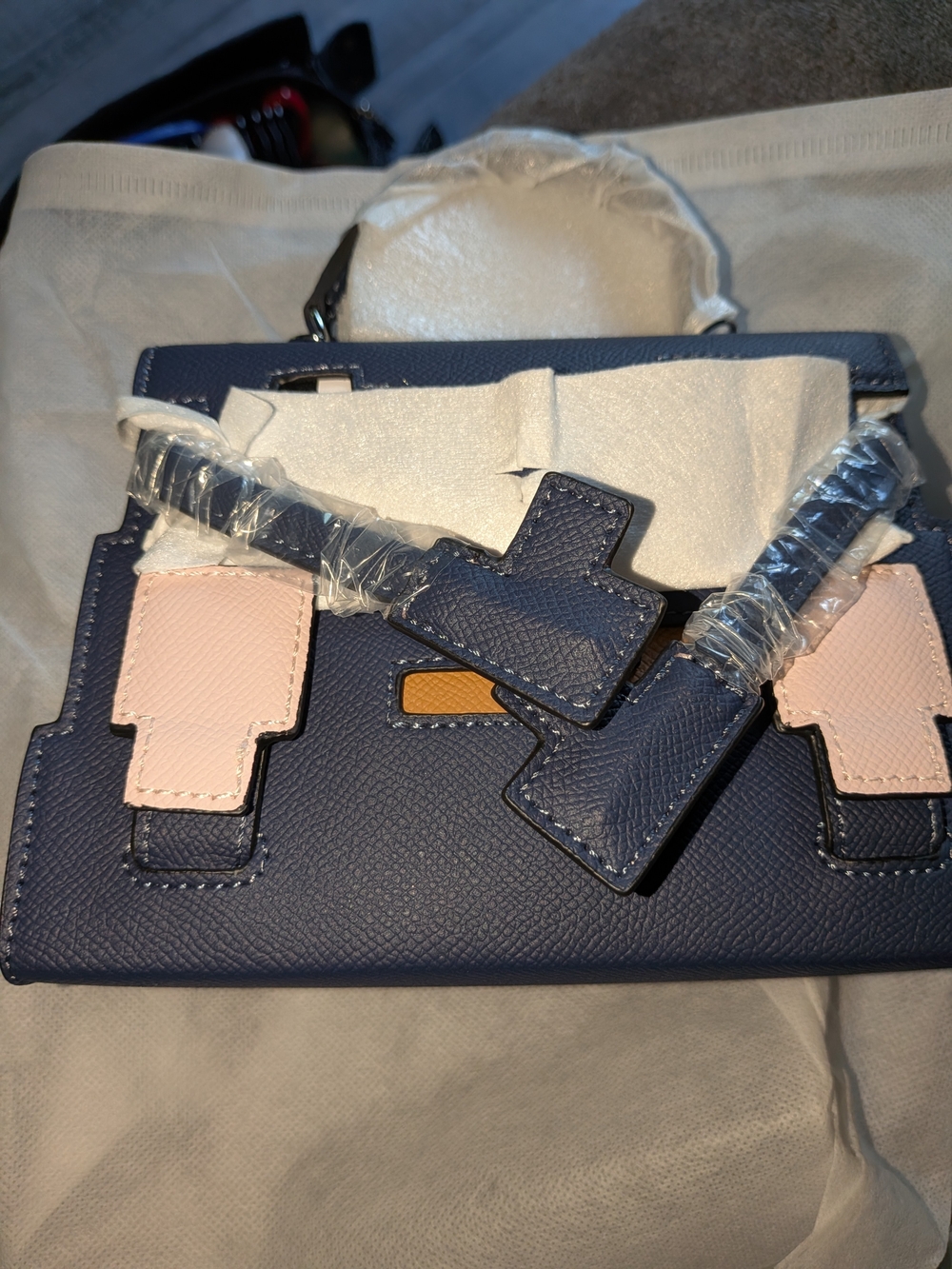Navy Blue and Light Pink Mini Picto Style Satchel Bag